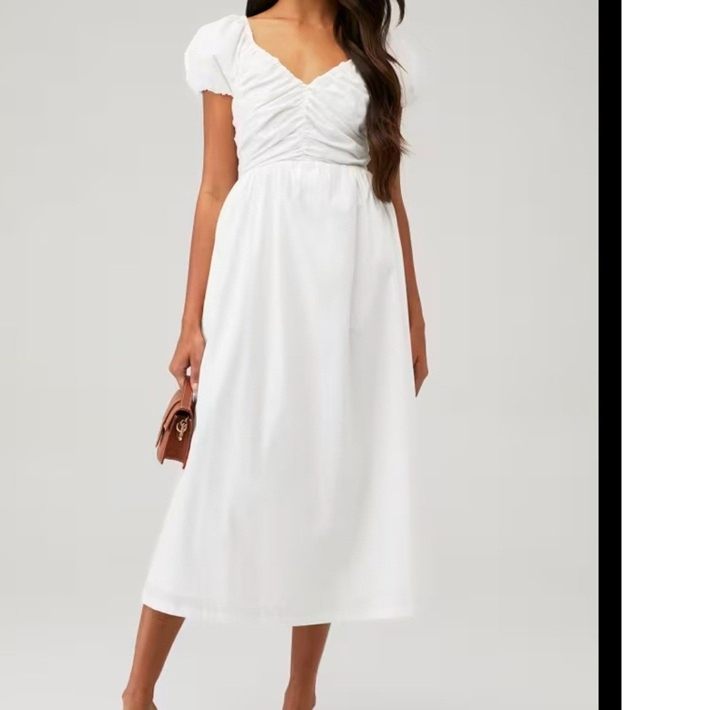 Crescent Odette Midi Dress White Ruched Puff Sleeve Smocked Back Cotton